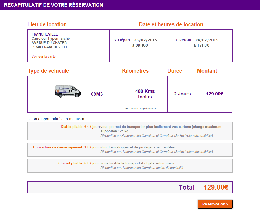 Carrefour Location finalisation réservation